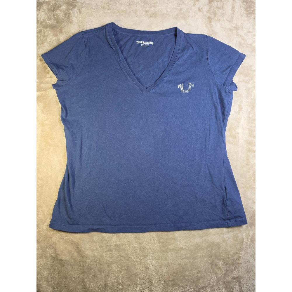 True Religion Womens Navy Blue V-Neck Rhinestone Horseshoe Graphic T-Shirt 2XL